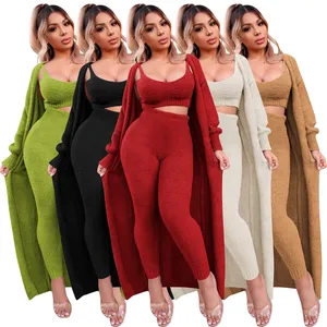 Moda Roupas de Inverno para Mulheres Calças 3 Peça Set Cozy Soft Lounge Wear Manga Longa Mulher Inverno Fuzzy Lounge Wear Set