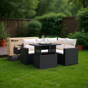 Ensemble de canapés de jardin Ragun 4 places en rotin, mobilier d'extérieur au design contemporain, structure noire, coussins crème - Product Image 2