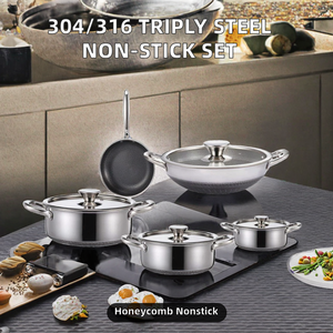 Juego de utensilios de cocina antiadherentes de acero inoxidable triple 304/316 con diseño de panal, nuevo, que incluye ollas, sartenes, cacerola y bandeja para pizza. - Product Image 1