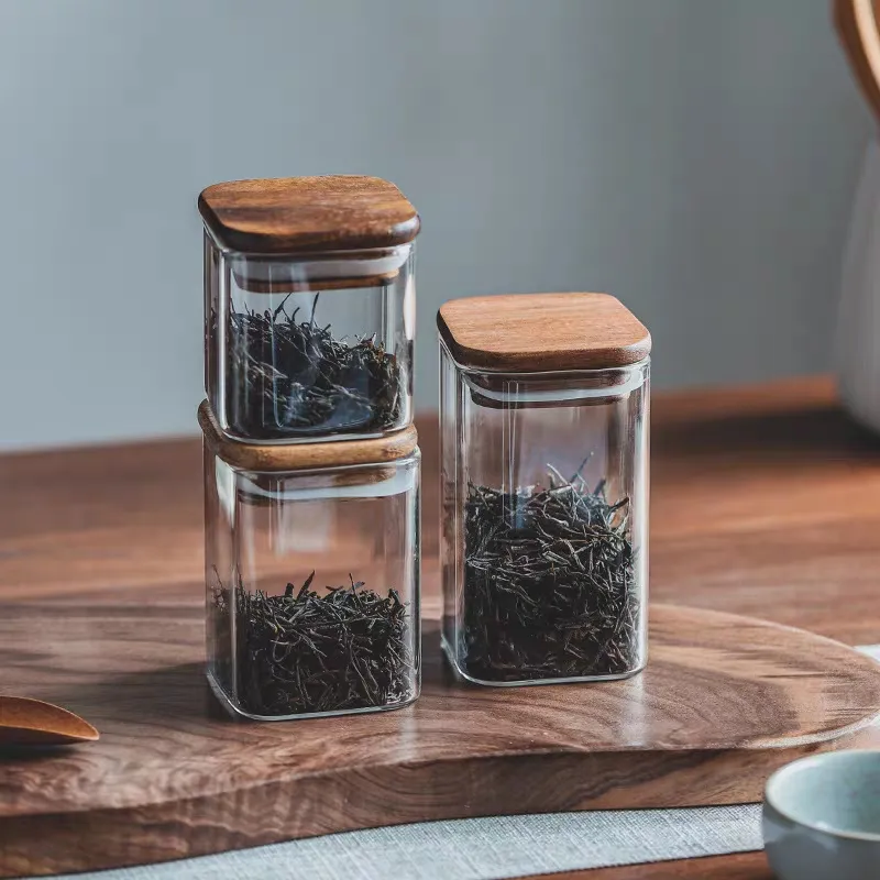 Airtight Square Glass Storage Canister Jar Set with Wood Lid for Spice Cereal Rice Sugar Tea Coffee Beans Seasoning