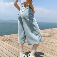 Pantalon Capri en Jean Tissé pour Femme, Style Simple Vintage Américain, Taille Haute, Coupe Ample à Jambes Larges, Décontracté, Été, Écologique, Lavé, Lavable