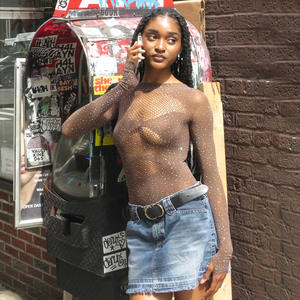 Combinaison moulante à manches longues en patchwork tendance, avec découpes, strass, haute élasticité, sexy, pour femmes, TzG125 - Product Image 1