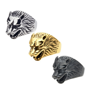 Bague Tête de Loup pour Homme, Bijou Tendance en Acier Titane, Design Zodiaque Animal, Cadeau, Couleurs Argent, Or, Noir - Product Image 1