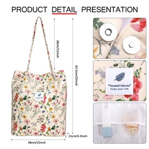 Bolsa <span class=keywords><strong>de</strong></span> Lona con Diseño Personalizable y Estampado Floral Vintage, Bolsa <span class=keywords><strong>de</strong></span> Lona Resistente, Reutilizable y <span class=keywords><strong>de</strong></span> Gran Capacidad para Vacaciones en la Playa - Product Image 3