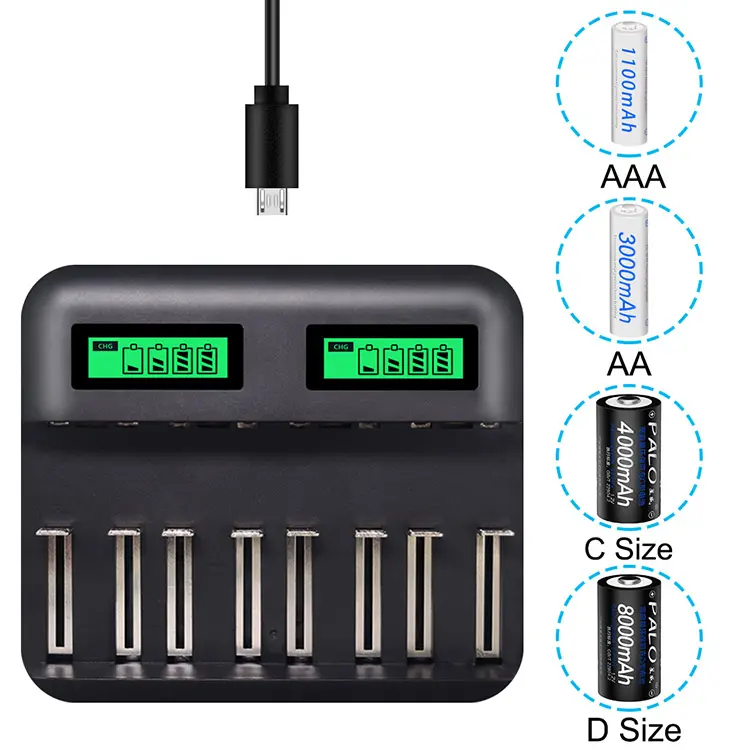 Smart Battery Charger LCD Display 8-slot AA AAA Ni MH 18650 26650 Lithium Battery Double Slots USB Charger 1 X USB DC 5V 2A 18W