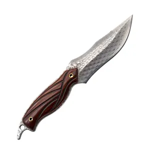 سكين يد راقية بشعار مخصص شفرة ثابتة مع مقبض خشبي من الفولاذ الدمشقي مجموعة هدايا إنتاج التخييم في الهواء الطلق