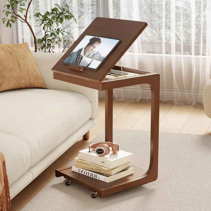 C Shaped Wooden Couch Table with Wheels Rustic Extendable Desktop ...