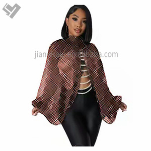 Blus jaring terpisah turtleneck musim semi wanita merek terkenal blus jaring cetak mewah lengan panjang blus sifon perspektif atasan - Product Image 4