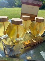 Pot à miel en verre avec cuillère distributrice, distributeur hexagonal en verre transparent, petits contenants à confiture, bouteille avec couvercle en liège pour la maison, les fêtes et les cadeaux