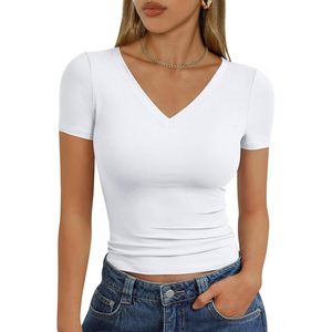 2025 verano personalizado básico cuello en V camiseta para mujer XXS Slim Fit Crop Y2K camiseta transpirable lindo gimnasio ropa de moda - Product Image 5