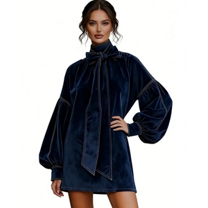 เดรสสั้นผ้ากำมะหยี่ลายสก็อตผูกโบว์สำหรับผู้หญิง - เดรสทรงหลวมแขนพองสไตล์ทูนิคแฟชั่นสำหรับผู้หญิง - Product Image 4