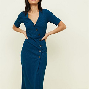 Femmes d'été 2019 Sarcelle Côtelée Boutonnée Midi Cache-Cœur Robe - Product Image 1