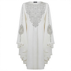 Abaya blanche florale perlée à col montant, coupe ajustée, broderie, manches longues, longueur ras du sol, modeste, en polyester, style Moyen-Orient, pour femme, Aïd - Product Image 2
