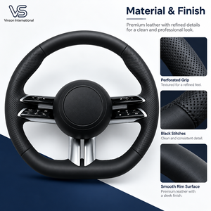 Volant en cuir noir à fond plat BZ13 pour Mercedes Benz Classe C W205, commandes à double couche, rayons fendus argentés - Product Image 6