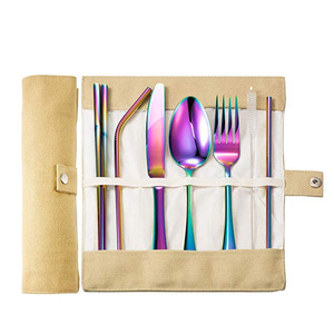 Customized eco-friendly <b>canvas</b> cutlery bags, picnic lunch stainless steel cutlery folding <b>roll</b> bags, colorful straw storage - Product Image 1