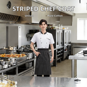 Chaqueta de Chef OEM de Manga Corta Blanca 100% Algodón con Cuello a Rayas en Contraste, Tejido de Punto, Unisex, Logotipo Personalizado en Relieve, para Restaurante - Product Image 2