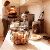 Panier à œufs en fil métallique style ferme avec poignée en bois massif, panier de collecte d'œufs en métal pour œufs frais, fruits et légumes