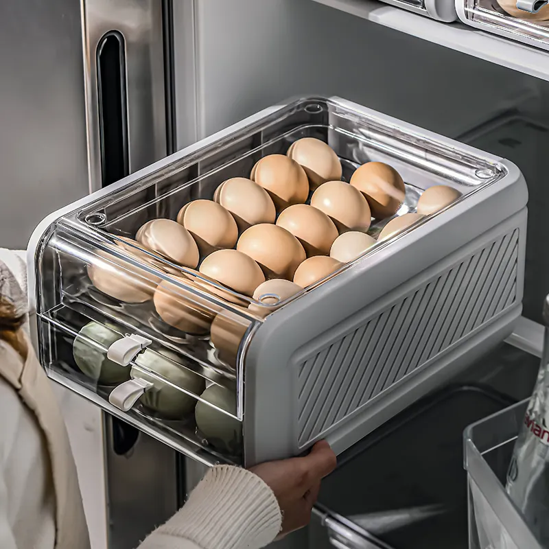 キッチンケース2層引き出しタイプ収納棚ふた付き卵食品収納ボックス冷蔵庫オーガナイザービン