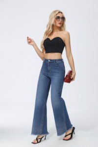 Jeans a Vita Alta e Gamba Larga con Decorazioni di Paillettes Vestibilità Comoda Lunghezza Intera Stile Casual Effetto Stonewashed - Product Image 3