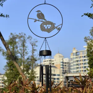 室外庭院艺术金属七彩鸟悬挂太阳能灯风铃