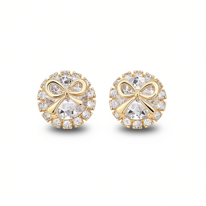 E3682 Orecchini a perno dorati con fiocco in cristallo e strass, placcati oro 22k, per l'uso quotidiano da donna - Product Image 1