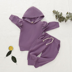 Ensemble de vêtements pour filles style explosion : sweat à capuche couleur unie avec manches en dentelle + pantalon, ensemble deux pièces pour enfants - Product Image 5