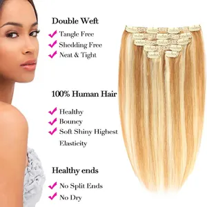 Vente en gros de cuticules de cheveux humains brésiliens, cheveux alignés, couleur blonde, extensions de cheveux à clipser