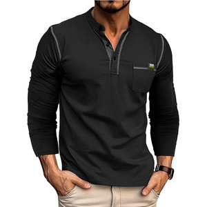WPK Otoño Invierno colección Europeo Americano hombres Henry camisa manga larga Color a juego T-chaqueta patrón sólido de punto - Product Image 3