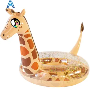 OEM customize design printing 3D cartoon animal giraffe swim tube swim ring for air blow kids' swimming ring toy