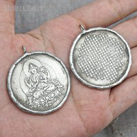 PM58662 Pendentif Collier Pièce de Monnaie Bouddha Vintage, Plaqué Argent Antique, Apprêts de Bijouterie, Breloque pour Sac et Porte-clés, Accessoires