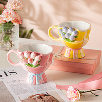 LIVEFUN Tasse en céramique classique écologique et sûre de 360 ml, ensemble cadeau, motif tulipe artisanal, articles ménagers exquis pour café et thé
