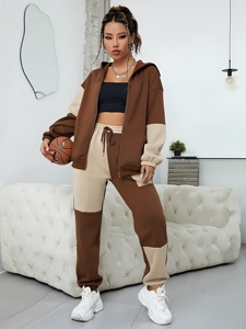 Ensemble sweat à capuche color block pour femme avec fermeture éclair et pantalon de jogging décontracté – Tenue d'automne à manches longues en maille respirante - Product Image 1