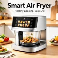 Friteuse à air panoramique 360° avec 10 menus intelligents, écran tactile, panier en verre, rotation à 180°, chauffage uniforme, cuisson sans huile pour la famille