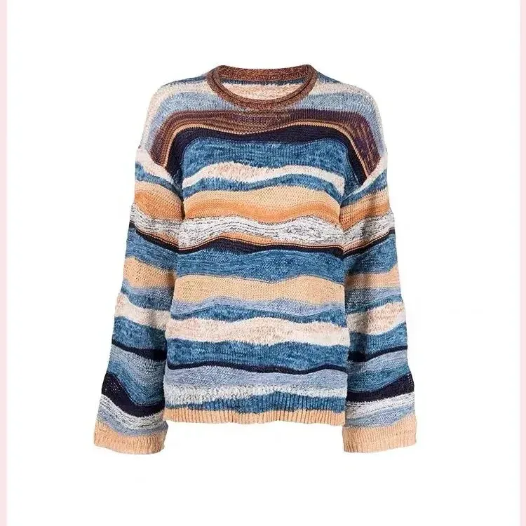 Custom Logo Striped Knit Sweater Women Suits Casual Colorful Color Designer Long Sleeve Knitted Ladies Sweater Suits