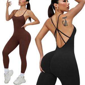 Quick-Dry Plus Size <b>Women's</b> V-neck Crisscross Back Full-Length Workout <b>Romper</b> Peach Lifting Gym Bodysuit Spandex/Nylon Sports - Product Image 4