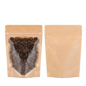 Coffee Beans Dried Fruit Tea Food Stand Up 1 Side Transparent Yin Yang Kraft Paper Pouch With Zipper