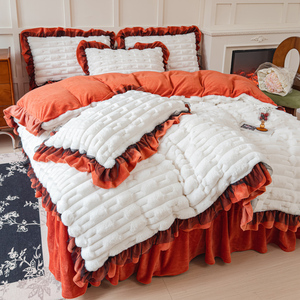 Parure de lit de luxe en fausse <span class=keywords><strong>fourrure</strong></span> de lapin jacquard 4 pièces, comprenant une housse de couette moelleuse et confortable, une jupe de lit à volants imprimée et un drap-housse - Product Image 4