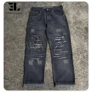 LARSUR Custom Denim Fabrik Distressed Schaden zerrissen gewaschene Jeans hose Männer Vintage weit locker baggy gerade Jeans Männer