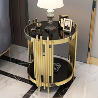 Table d'appoint moderne de luxe à double niveau, plateau en marbre/verre trempé, cadre en métal doré, table d'appoint pour salon, chambre à coucher
