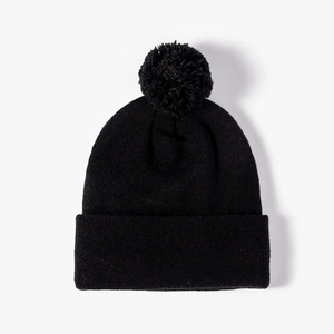 Femmes Hommes Épais Solide <span class=keywords><strong>Noir</strong></span> Uni Blanc <span class=keywords><strong>Bonnet</strong></span> Ribbed Wide Brim Winter Knitted Hat With Yarn Ball Pompom - Product Image 5