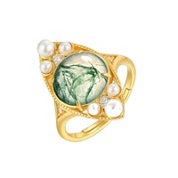 Teardrop Frame Moss Agate Pearl Surround Ring S925 Silver Gold Plated Natural Moss Agate Milgrain Bezel Boho Adjustable Gem Ring