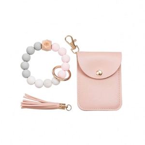 2025 New Plain Silicone Beads Bracelet Pu Card Holder With Women's Wallet Leather Tassel <b>Key</b> <b>Chain</b> Custom Promotional Gifts - Product Image 5
