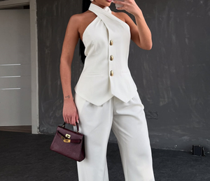 Completo Casual da Donna con Top Senza Maniche a Collo Alto e Pantaloni a Vita Alta - Product Image 2