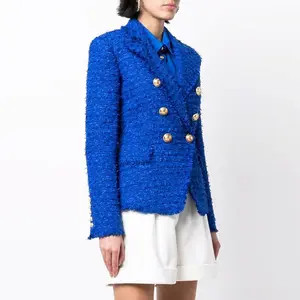 2024 New Blazer doppelreihig langärmlig Damen lässig blau Tweed Damen Bürobekleidung Jacke Mantel