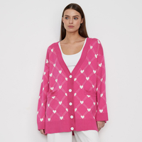 Cardigan élégant anti-rides en coton et polyamide pour jeunes femmes, rose, avec motifs cœurs mignons et poches
