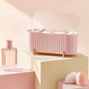 Boîte de rangement cosmétique Hy-0183 avec couvercle et compartiments pour tampons de maquillage, éponges, organisateur de rouges à lèvres, blanc, rose, vert, pâte de haricot - Product Image 5