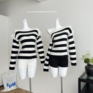 Maglione Pullover Intrecciato a Mano 100% Poliestere da <span class=keywords><strong>Donna</strong></span>, Design Autunnale 2025, Stile <span class=keywords><strong>Elegante</strong></span> con Cinturino e Contrasto di Colori - Product Image 1