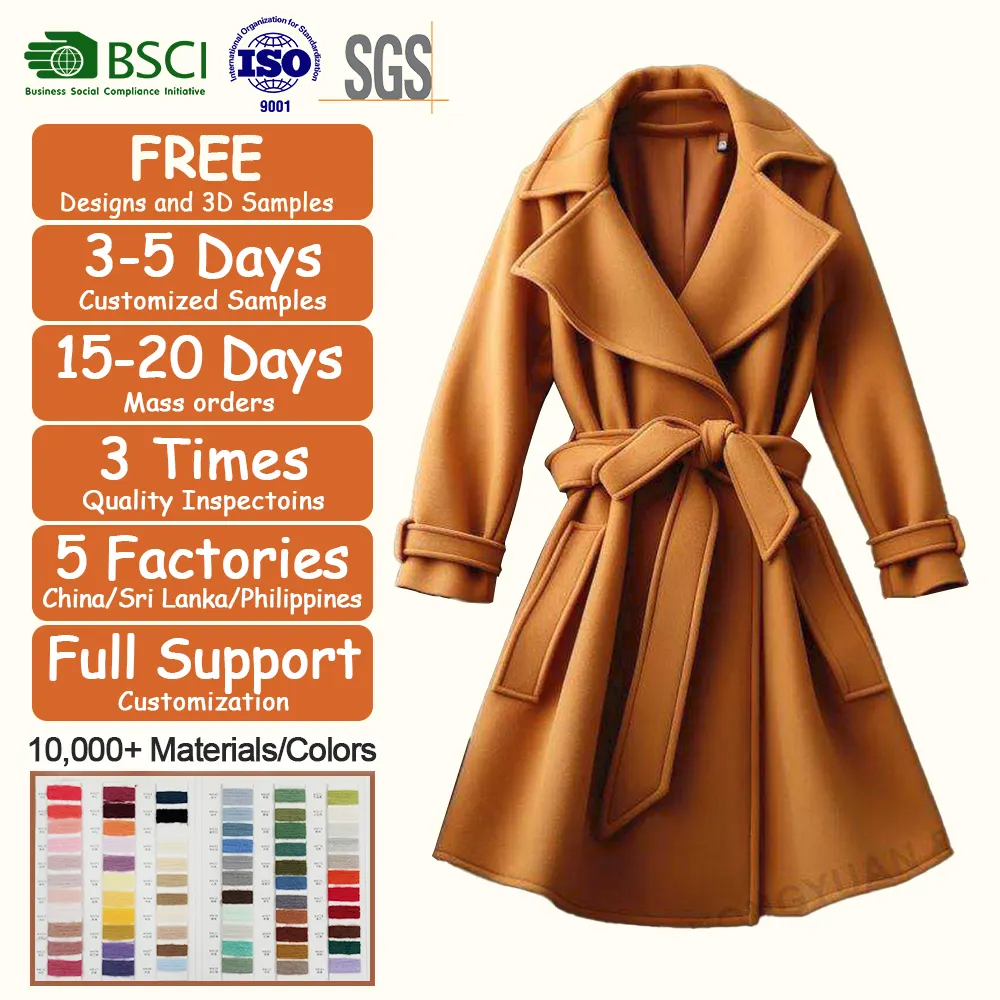 Custom Clothing Manufacturers Elegant Wool Coat With Belt Solid Color Long Sleeve Chic Outerwear Ladies Casual Winter Wome