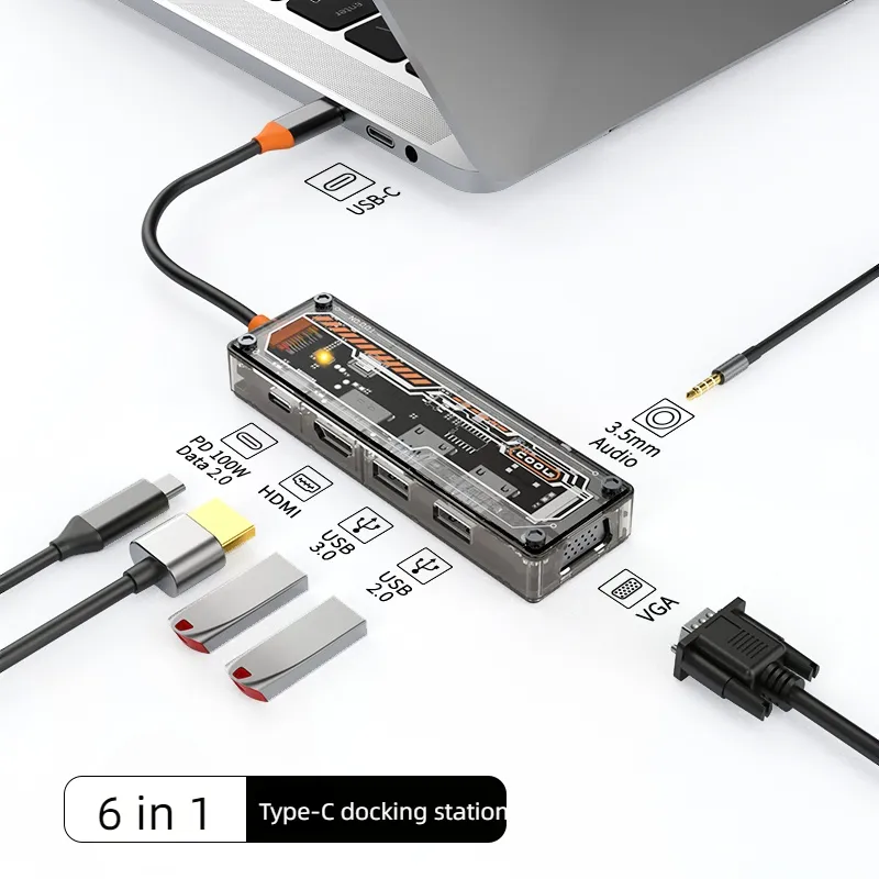 6 In 1 Slimme Usb Hub 4 Usb C Hubs Met 3.5Mm Audiopoort Met Kaartlezer 6 In 1 USB-C Hub Adapter