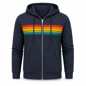 <b>Women's</b> <b>Navy</b> Rainbow Striped <b>Zip</b> <b>Up</b> <b>Hoodie</b> Fleece Hooded Sweatshirt with Kangaroo Pockets - Product Image 1